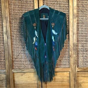Green Suede Leather Fringe Studs Western Rodeo Capelet Concho Scarf